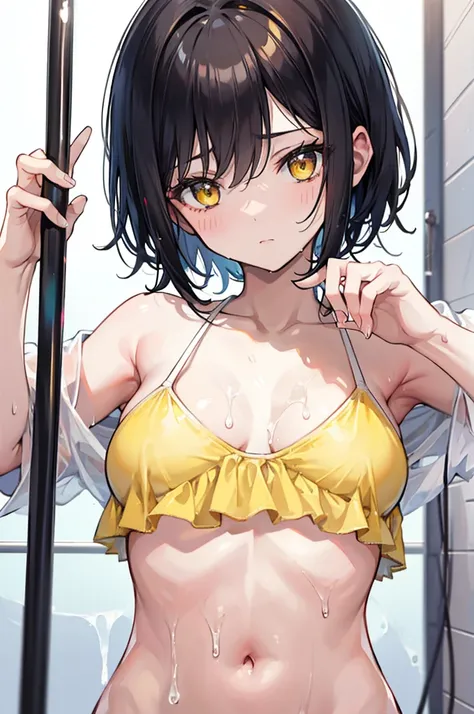 short girl, small breasts, 1 girl, shower, short black hair, yellow eyes, white bikini, suggestive pose, close up, wet, (ultra-detailed:1.1)