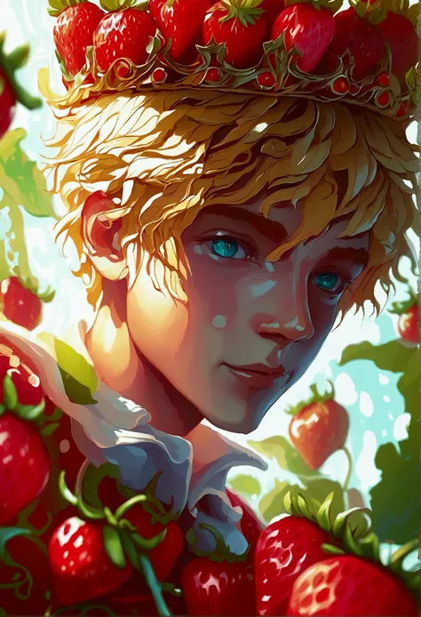 Blond boy as the Strawberry King, vibrant colors, whimsical fantasy, detailed strawberry crown, flowing golden locks, high-quality, fantasy, royal, vibrant tones, detailed, fruity, cheerful, atmospheric lighting