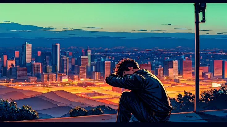 Guts sitting, alone, resting under a tree in a high-altitude field, looking at the view of the cyberpunk city at night.