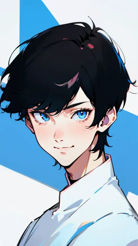 ((1_male)), boy, smile, front face, portrait, centered, solo, strong neck, short hair, black hair, visible shoulders, clean line