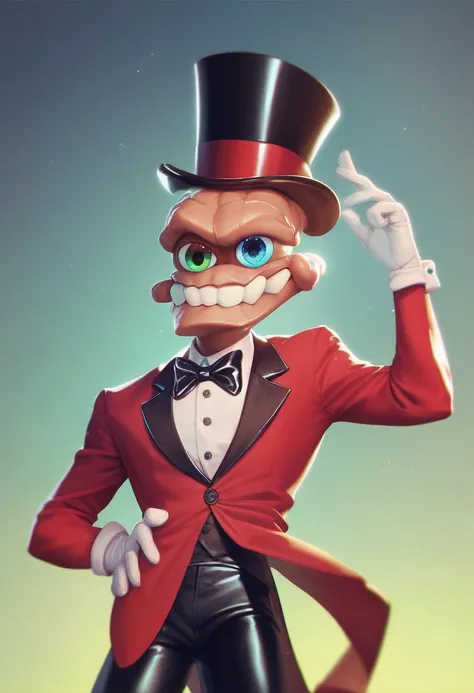 caine, solo, gloves, 1boy, hat, bow, male focus, white gloves, bowtie, top hat, teeth for head, blue eyes, green eyes, heterochromia, gloating eyes, floating head, red suit, black pants, source