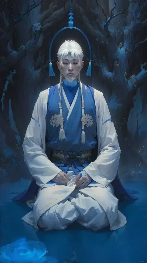 painting of a man in a white robe sitting on a blue surface, daoist, mystical oil on linen, ancient japanese monk, inspired by Kaigetsudō Anchi, inspired by Kaigetsudō Ando, yanjun chengt, portrait of monk, white haired deity, a cyborg meditating, monk med...