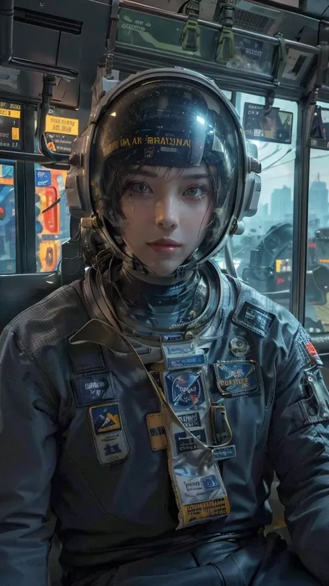 on a subway, a hyperrealistic, ultra-detailed, anatomically perfect image of ((sexy astronaut, with closed helmet.)) the astrona...