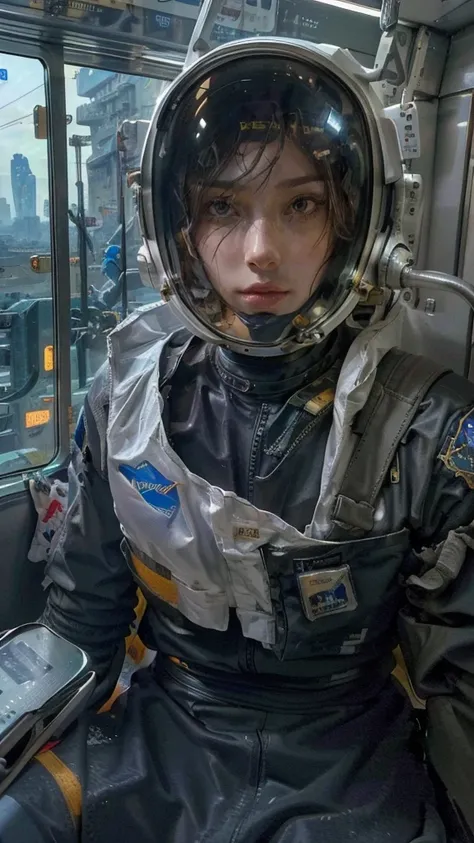 on a subway, a hyperrealistic, ultra-detailed, anatomically perfect image of ((sexy astronaut, with closed helmet.)) the astrona...