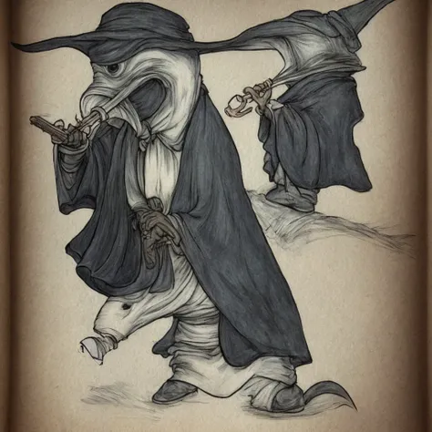 plague doctor, happy face, small sized, cute, looking like cartoon, alone, dark , scary, looking at viewer, 