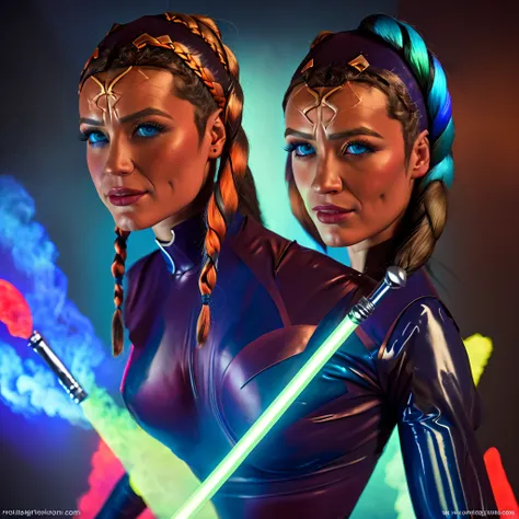 detailed portrait of a female Jedi knight, long orange braids, detailed facial features, piercing blue eyes, determined expression, black bodysuit with armor plating, glowing blue lightsabers, epic battle scene, intense explosion in the background, cinemat...