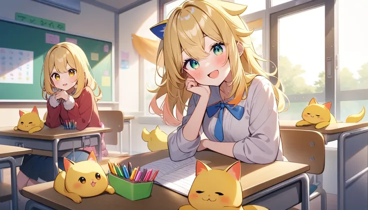 Little yellow cat，personification，high quality，Classroom Fun: I enjoy my cozy classroom with bright, sunny windows where my friends and I sit together. We share colorful crayons and yummy snacks during our breaks.