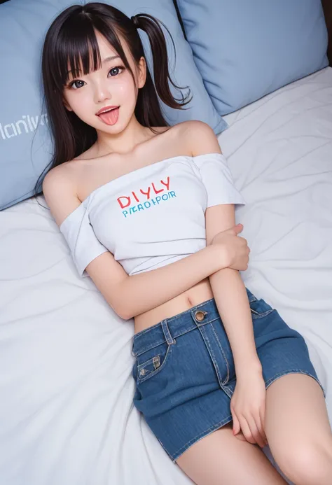 pastel colors colors t-shirt,off-shoulder look,bare shoulder,ollarbone,midriff peek,Denim mini skirt,(open mouth:1.5),(tongue out:2),lying,own hands together,overhead shot,front view,face focus,(1girl,Beautiful 14 year old girl),((Slender,Small breasts,Sma...