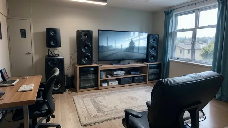 view from the front of a room that looks like a professional gamer&#39;s bench. The red and shadowy light in one of the corners of the room with three fluorescent lamps protected by a lattice box is the clear bluish light on the other side on the walls, il...