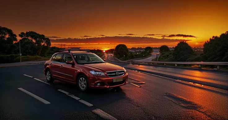 car on road with sunset background