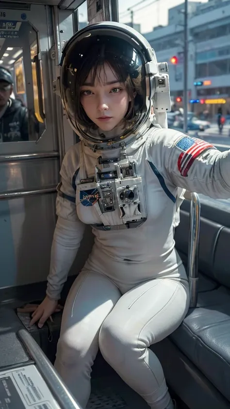 on a subway, a hyperrealistic, ultra-detailed, anatomically perfect image of ((woman astronaut, with closed helmet.)) the astron...