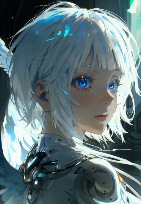 albino girl, anime, short hair, white blue eyes, with a metal heart in her hands, front view, 3/4, beutiful, aurora, bella, beautiful, angel,