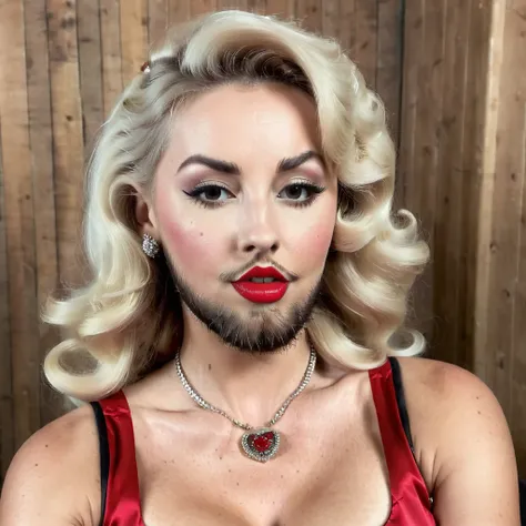 hairy bearded lady brune beard, blonde hair, hairy chest, style pin up