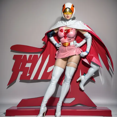 ANI_CLASSIC_jun_gatchaman_ownwaifu,1girl, 15yo,good anatomy, masterpiece, best quality,realistic, hyper realistic, 16k hdr, long hair,breasts,lips,large breasts,lipstick,makeup,gloves,cape,helmet,belt,elbow gloves,white gloves,mask,ultra miniskirt,leotard,...