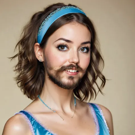 precise portrait, bearded woman with well-trimmed hairy and shaggy beard, mid-length brown hair with a headband, cute and naught...