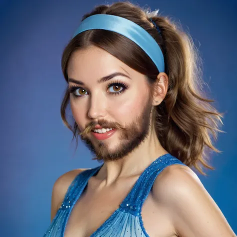 precise portrait, bearded woman with well-trimmed hairy and shaggy beard, mid-length brown hair with a headband, cute and naught...