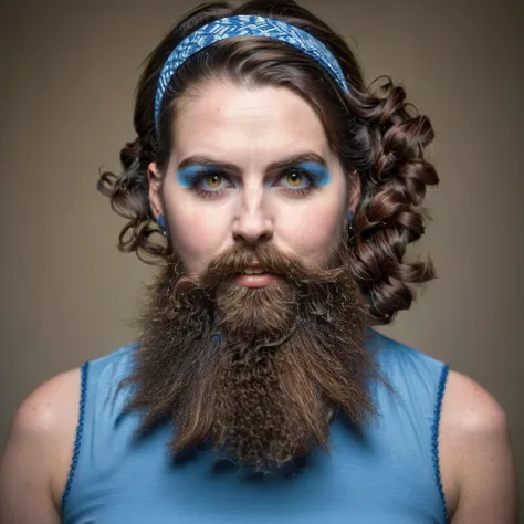 precise portrait, bearded woman with well-trimmed hairy and shaggy beard, mid-length brown hair with a headband, cute and naught...