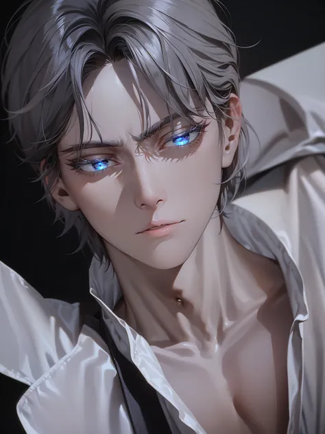 masterpiece, 8k, ((shadow and light effects)), anime boy in tie and jacket, smooth anime cg art, tall anime man with silver eyes...