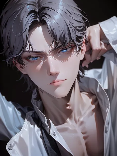 masterpiece, 8k, ((shadow and light effects)), anime boy in tie and jacket, smooth anime cg art, tall anime man with silver eyes...