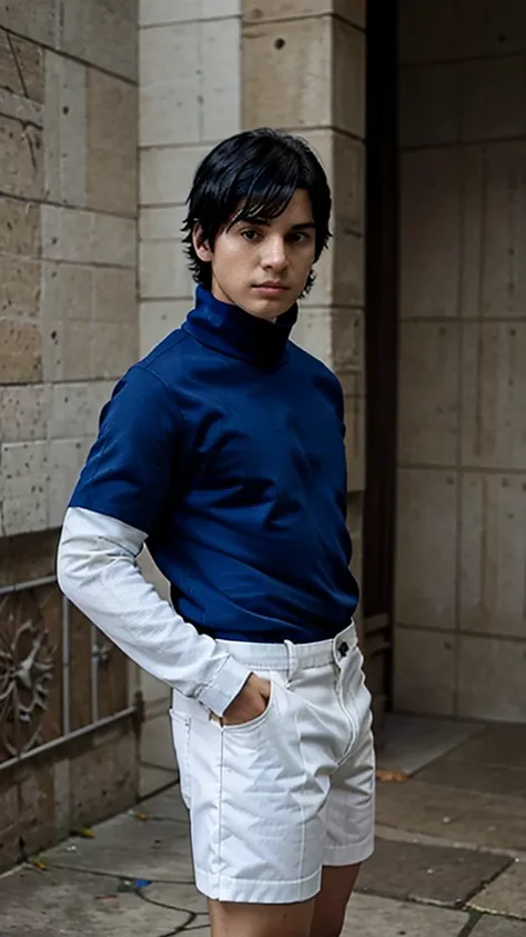 boy, black hair, black eyes, blue high-neck blouse, white men's shorts .