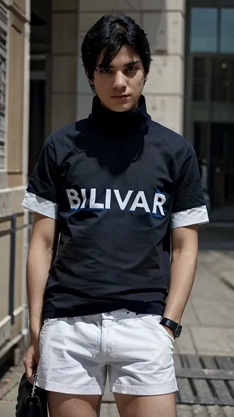  Boy, black hair, black eyes, blue high-neck blouse, white Mens shorts .