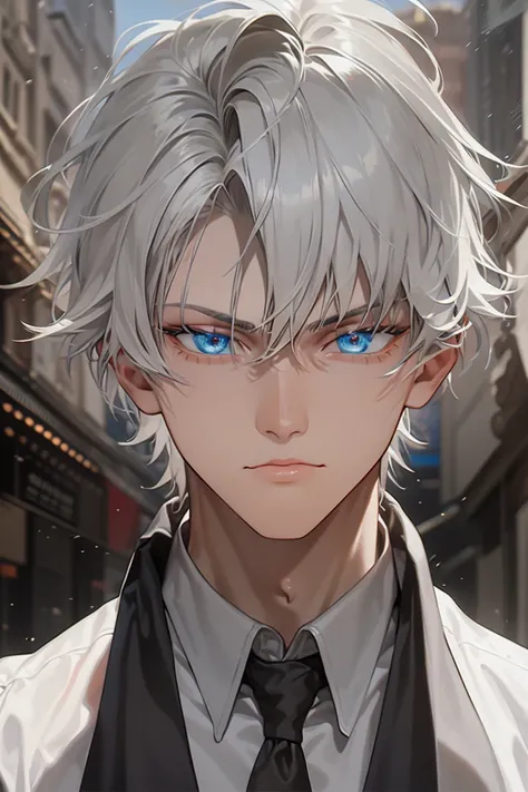 masterpiece, 8k, ((shadow and light effects)), anime boy in tie and jacket, smooth anime cg art, tall anime man with silver eyes...