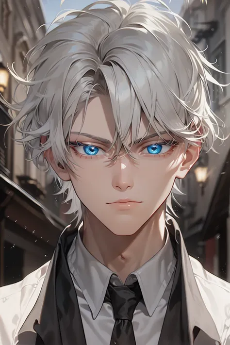 masterpiece, 8k, ((shadow and light effects)), anime boy in tie and jacket, smooth anime cg art, tall anime man with silver eyes...