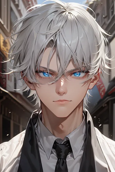 masterpiece, 8k, ((shadow and light effects)), anime boy in tie and jacket, smooth anime cg art, tall anime man with silver eyes...