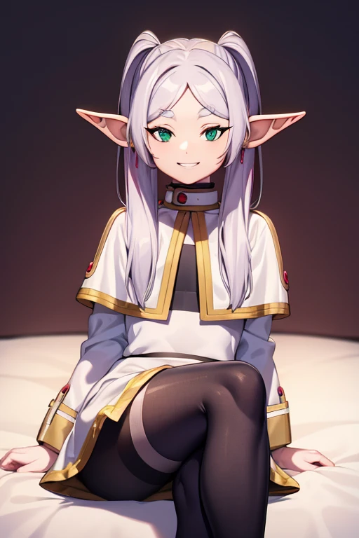 cross-legged on the bed, with transparent white shirt, mischievous grin , elf ears , black tights