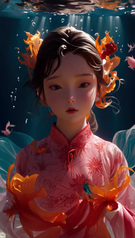 1. little girl, solitary, under the deep sea, walking underwater；wearing pink chinese clothing，fairy the same，underwater dance；d...