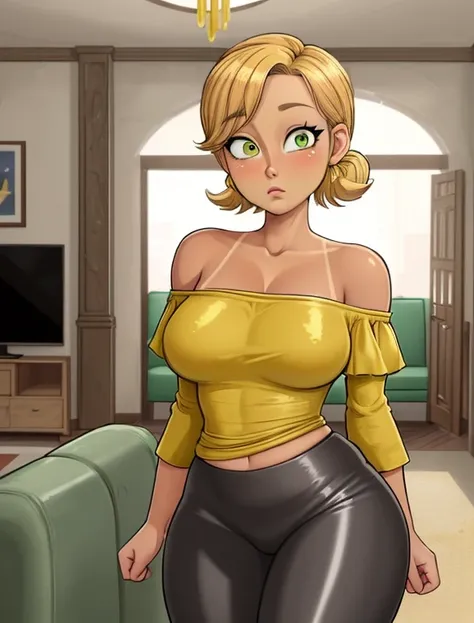 (best quality:1.3), (4K quality),masterpiece, best quality, high res, detailed, (Detailed face:1.2), (Detailed eyes:1.2), (Hourglass figure:1.2), CARTOON, ANIME, CARTOON ARTSTYLE, 1girl, solo, 36-years-old, tan olive skin, short blonde hair, pony tail styl...