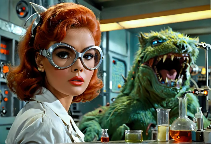 jayne mansfield (age 25, young and vibrant,  sexy sci fi scientist), damsel in distress, recoiling from a terrible monster. science lab 1960s sci fi cinema