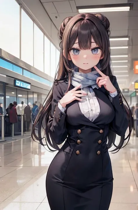 (work of art:1.2、highest quallity:1.2)、32k HDR、high resolution、(standing alone、1 girl、slender figure)、（Realistic style with Starlux Airlines uniform）、 (in the airport lobby, professional lighting)、A suitable woman, beautiful  face,、（Starlux Airlines silver...