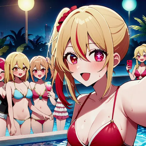 night pool, luxurious pool party venue with a large crowd, hoshinoruby, star-shaped pupils, ruby_hoshino, idol, blonde hair, bangs, pink and red eyes, streaked hair, hair between eyes, left side ponytail, medium breasts, finely detailed skin, big laughter,...