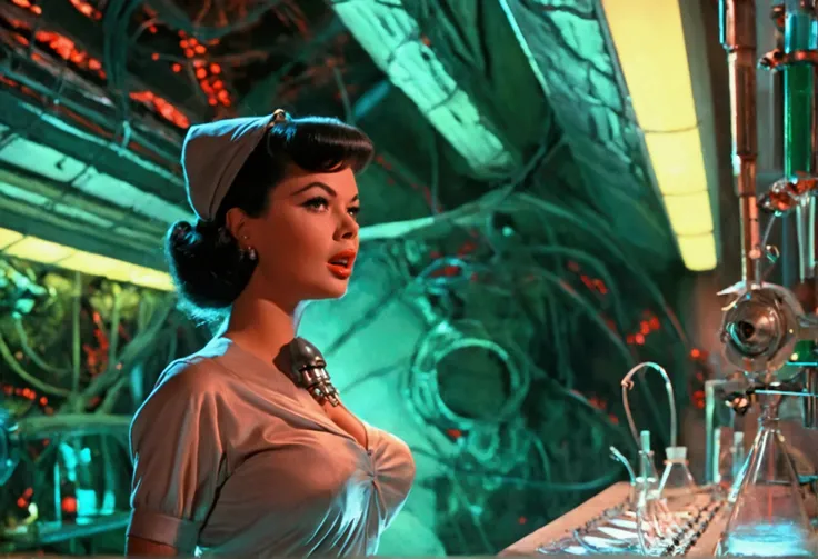 jayne mansfield (age 25, young and vibrant, sexy sci fi scientist), damsel in distress, recoiling from a terrible monster. science lab 1960s sci fi cinema
