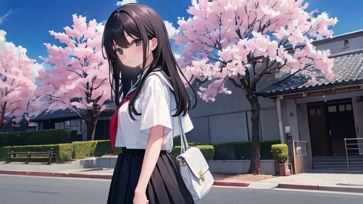 masterpiece, best quality, 1 girl, Long-term_hair, Turn your back to the audience,黑色hair, black eyes, Expressionless, Bangs, 黑色skirt, White school uniform,White short sleeves, skirt, , closure_Mouth, , whole body, Japanese street background, Cherry tree,Mu...