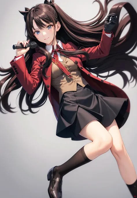 masterpiece, best quality,1girl, solo, long hair, skirt, (black hair:1.2),pantyhose, tohsaka rin, two side up, shirt, black skir...