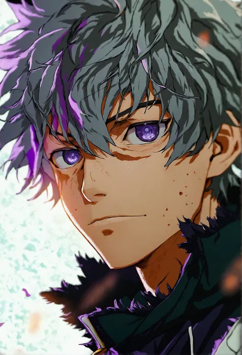 Male character belonging to the my Hero Academia universe with gray hair and eyes, one purple and one extremely pale gray, and a thin complexion.