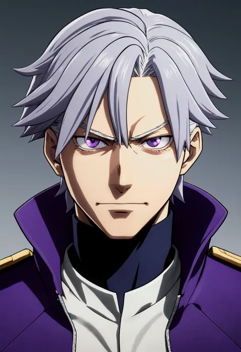 Male character belonging to the my Hero Academia universe with gray hair and eyes, one purple and one extremely pale gray, and a thin complexion.