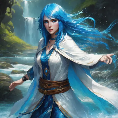 has bright blue hair and eyes, A female fantasy character whose physical appearance and gender are female. wrapped in arms, There is a stream of water that tells of its magic and power..  He wears a white cloak and loose trousers underneath..  There are bl...