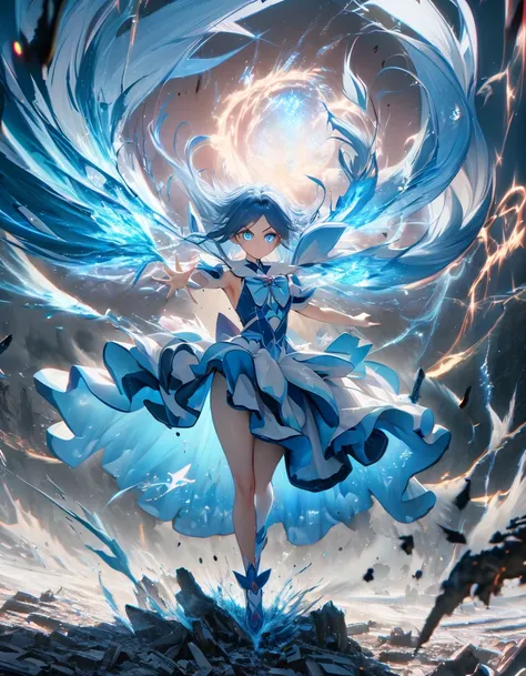 Portraiture, Long Hair, Navy Blue Hair, Detailed eyes in blue color,  One Girl, head, face, Magical girl, Absurd, masterpiece, Highest quality, Magical girl costume, ((Magical girl)), short hair, Devastation, Remaining, Dynamic pose, Apocalypse, Casting a ...