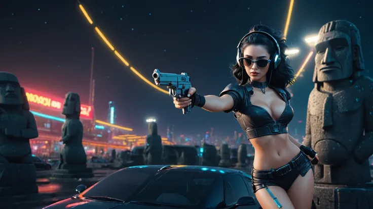 At night, dark sky, distant shot aerial view of fantasy cyberpunk style ice ((Moai-statue)) city, ((flying car)). ((1girl, solo, alone)), medium-breast:1.1 slim body, cleavage, sexy clothes, (headphone, black sunglasses, long black realistic hair), (((hip-...