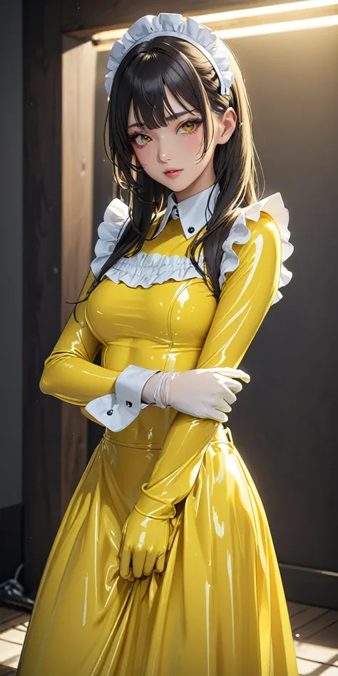 Portraiture、(masterpiece,Highest quality,Ultra-high resolution),Japanese women, (((Very beautiful 25 year old girl))),(Bright yellow latex maid outfit)、((Bright yellow latex long skirt))、(Bright yellow long sleeve latex shirt)、Bright yellow latex gloves、Br...