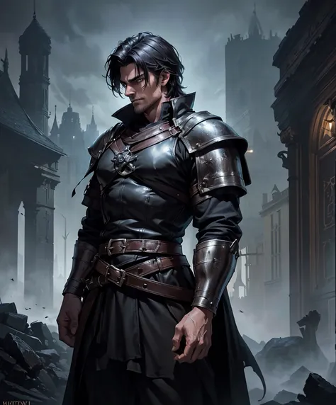 (((Single character image.))) (((1boy))) (((Dressed in medieval fantasy attire.)))  (((Generate a darkly handsome male character for a fantasy setting.))) (((Appears to be 20 years old with youthful looks.))) (((Dark and sinister background at night.))) ((...