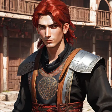 A male fantasy character with red hair. His eyes are red. He has dimples on his cheeks, siyah bir ceket ve siyah bir pantalon giyiyor. There are bandages on his chest and one arm:  There are black marks from his wrist to his neck. ceketin eteklerinde tutuş...