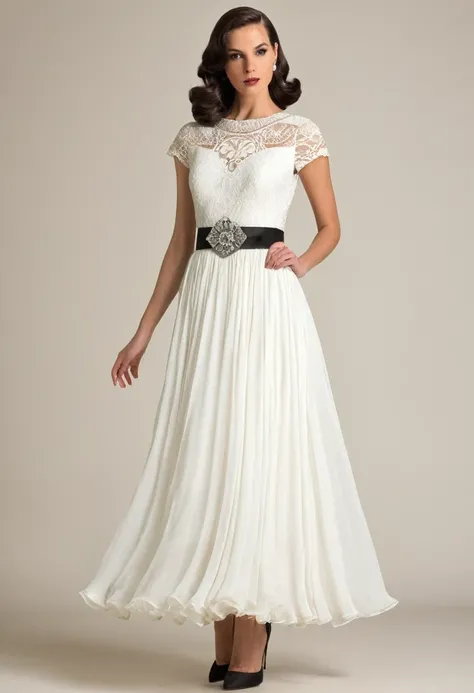 full-length ,dress with a design inspired by the 1920s or 1950s. Featuring puffy skirts, lace and chiffon details, and bejeweled belts.