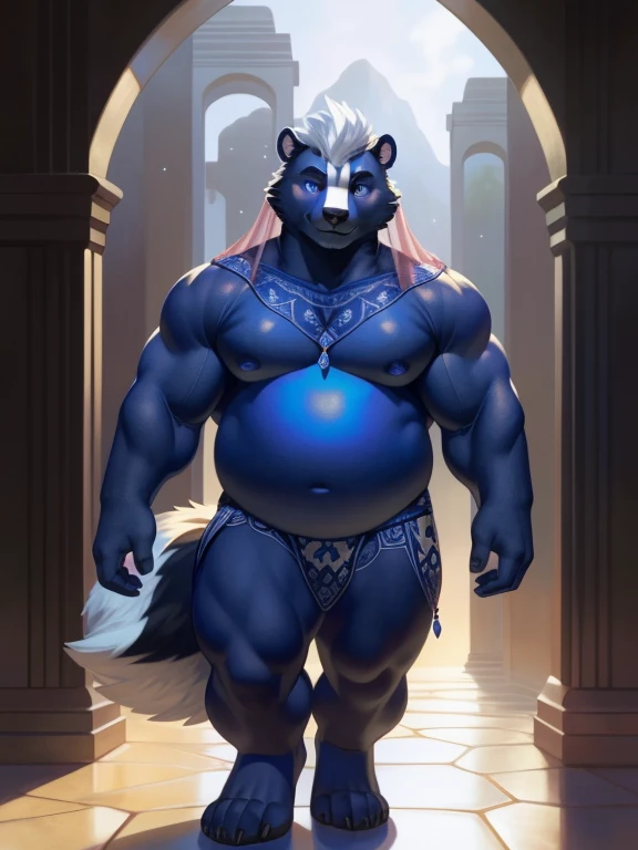 solo, anthro, furry, furry male, skunk,((short fur,furry, smooth fur)), (skunk white print, white sideburns), black pupils, black body, black fur, glowing indigo eyes, glowing eyes, tail, detailed  fur, detailed face, detailed eyes, bare chest, (bedlah clo...