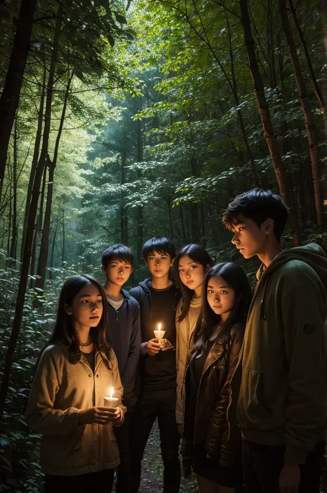 Group of young people in the forest at night