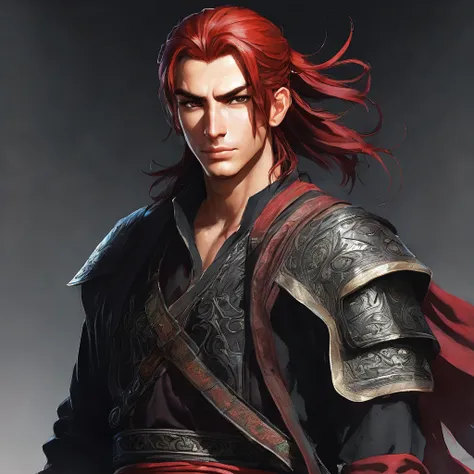 A male fantasy character with red hair. His eyes are red. He has dimples on his cheeks, siyah bir ceket ve siyah bir pantalon giyiyor. There are bandages on his chest and one arm:  There are black marks from his wrist to his neck. ceketin eteklerinde tutuş...