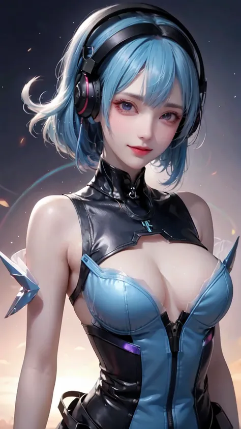 A girl looking at the viewer in a close-up A beautiful young girl with vibrant blue hair and eyes, wearing futuristic-looking headphones,
wearing a closed blouse, 8K, high quality, simple background, good pose